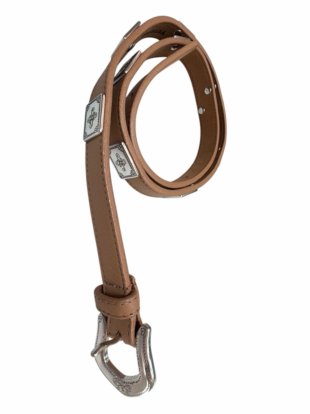 Brighton Tan Leather Belt with Silver Engraved Buckle and Conchos